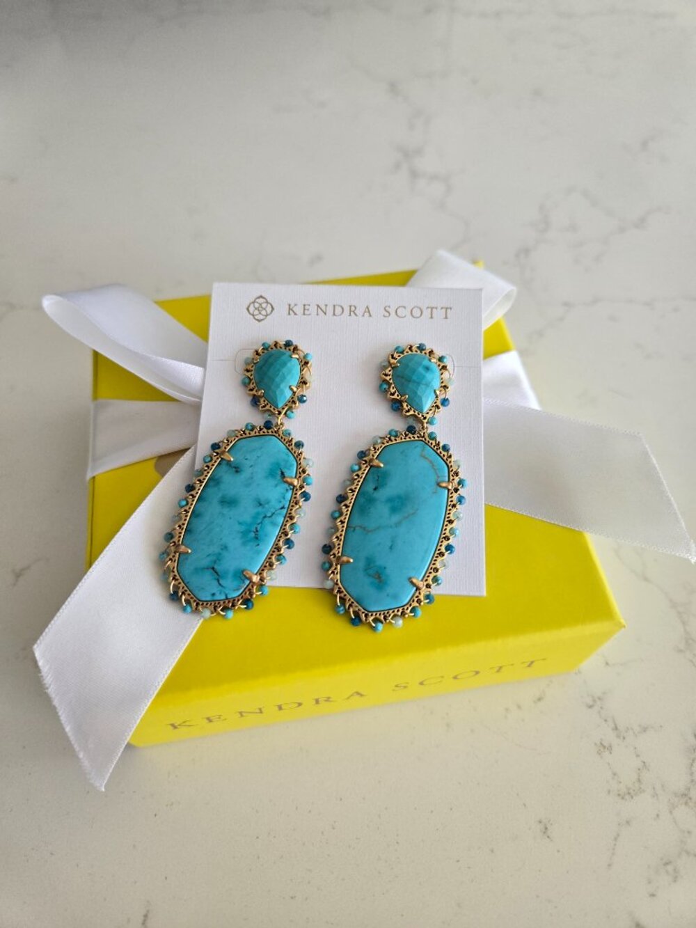 Kendra Scott Yellow Rose Parsons Vintage Gold Statement Earrings Turquoise NWB - Picture 10 of 10